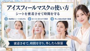 アイスフィールマスクの使い方！ひんやり引き締める密着パック術の要点を3つの手順カードと美容アドバイザーで示した解説ボード