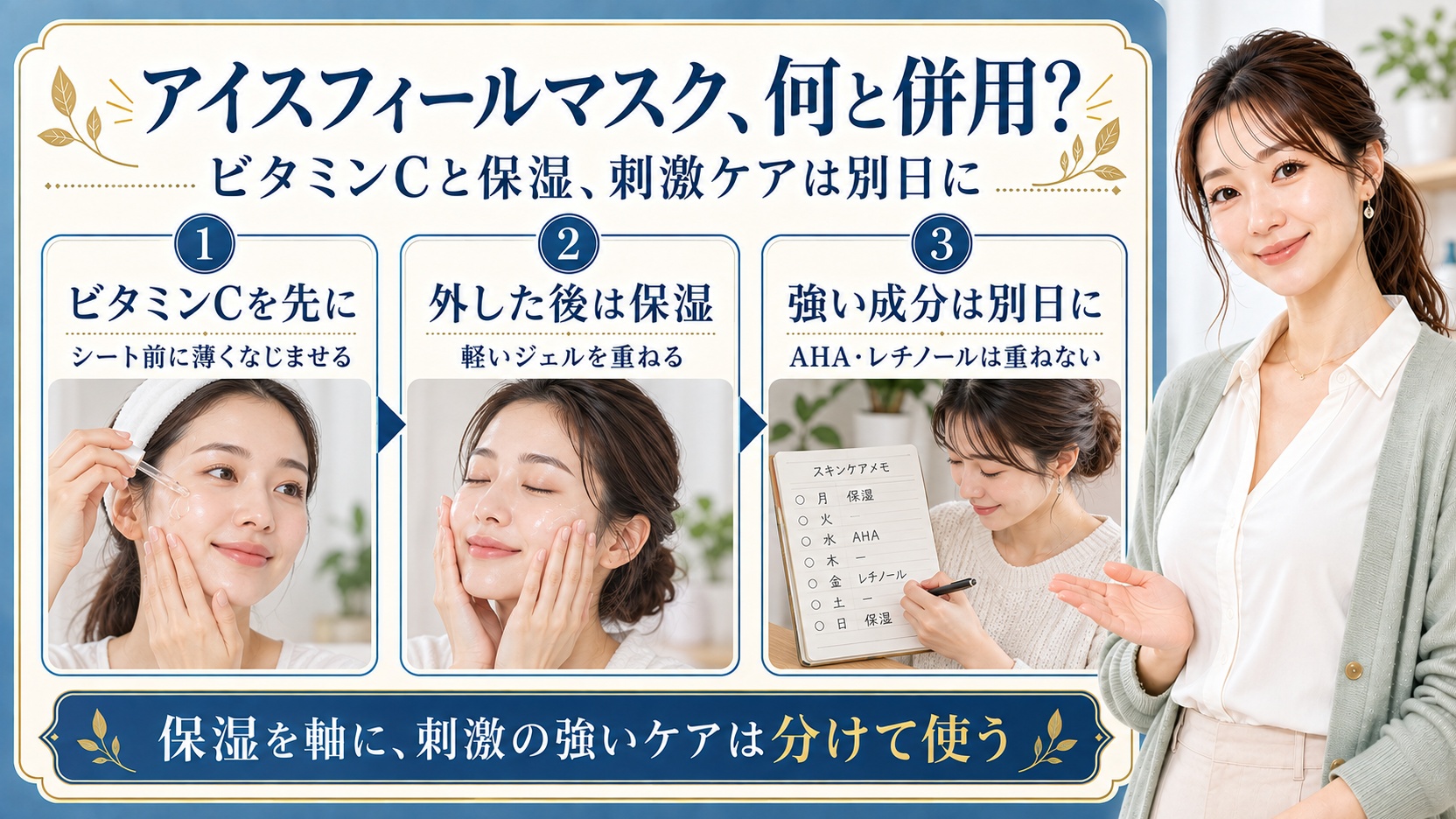 アイスフィールマスクの併用術!毛穴引き締めるおすすめコスメの要点を3つの手順カードと美容アドバイザーで示した解説ボード
