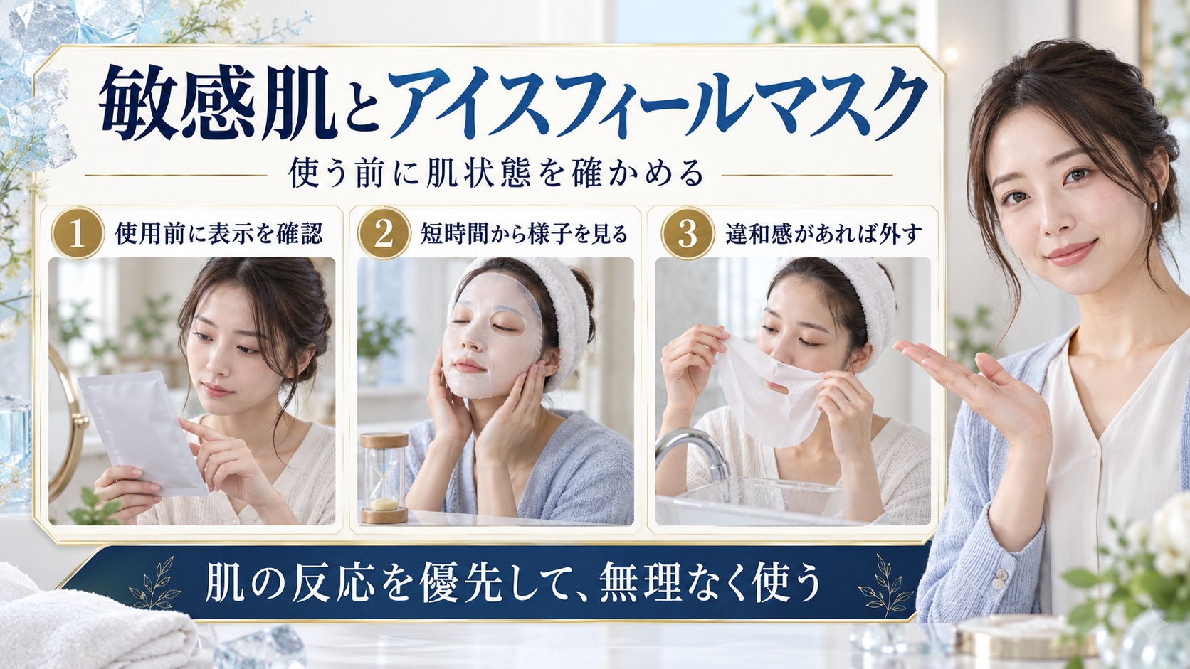 アイスフィールマスクは敏感肌も使える？赤みを防ぐ清涼パック術の要点を3つの手順カードと美容アドバイザーで示した解説ボード