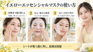 イエローエッセンシャルマスクの使い方！透明感を高める密着パック術の要点を3つの手順カードと美容アドバイザーで示した解説ボード