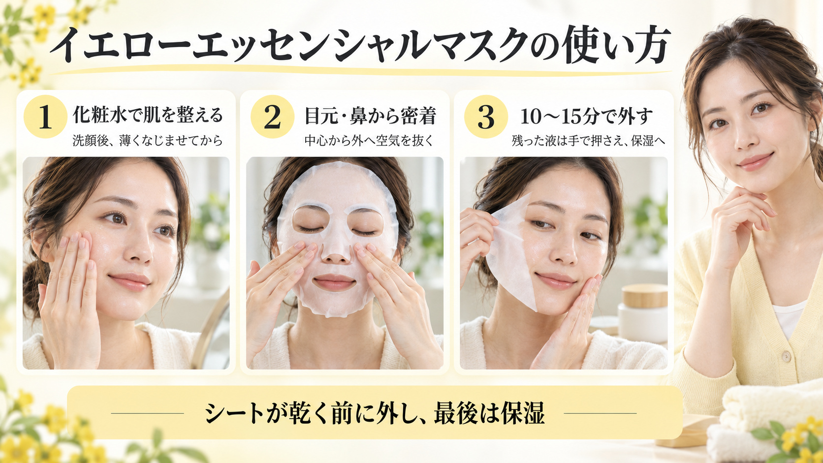 イエローエッセンシャルマスクの使い方！透明感を高める密着パック術の要点を3つの手順カードと美容アドバイザーで示した解説ボード