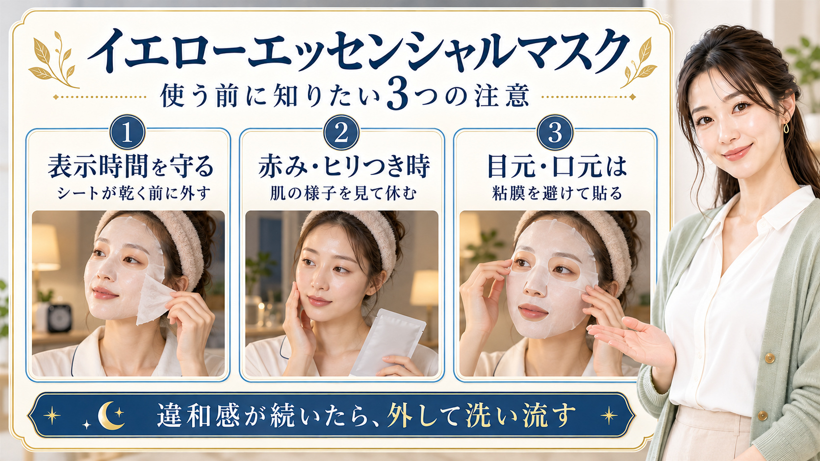 イエローエッセンシャルマスクの注意点!肌トラブルを防ぐ正しい知識の要点を3つの手順カードと美容アドバイザーで示した解説ボード
