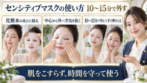 センシティブマスクの使い方！肌荒れを防ぐCICA鎮静密着パック術の要点を3つの手順カードと美容アドバイザーで示した解説ボード