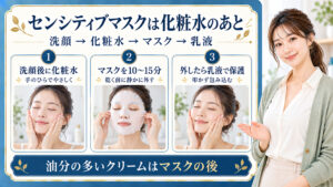 センシティブマスクの順番！化粧水後か前か？浸透を高めるケア工程の要点を3つの手順カードと美容アドバイザーで示した解説ボード