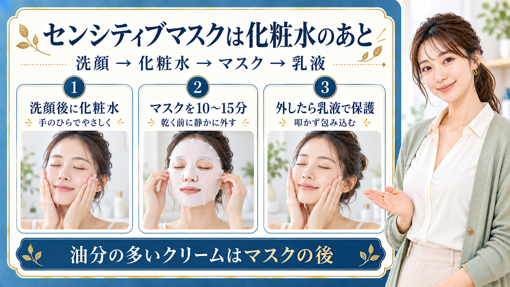 センシティブマスクの順番!化粧水後か前か?浸透を高めるケア工程の要点を3つの手順カードと美容アドバイザーで示した解説ボード