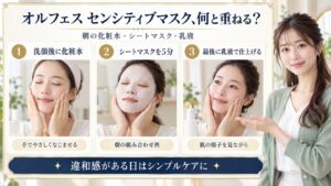 センシティブマスクの組み合わせ！CICA鎮静を高める相性設計の要点を3つの手順カードと美容アドバイザーで示した解説ボード