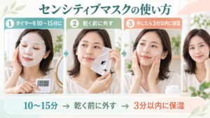 センシティブマスクの注意点！肌荒れを防ぐ正しい使い方とNG例の要点を3つの手順カードと美容アドバイザーで示した解説ボード