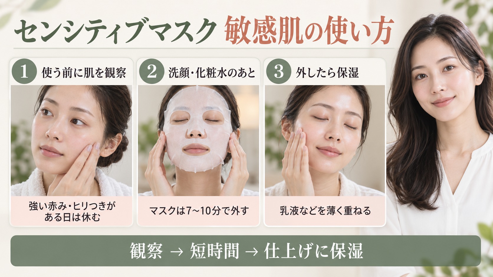 センシティブマスクは敏感肌に合う？赤みゆらぎを防ぐ低刺激ケアの要点を3つの手順カードと美容アドバイザーで示した解説ボード