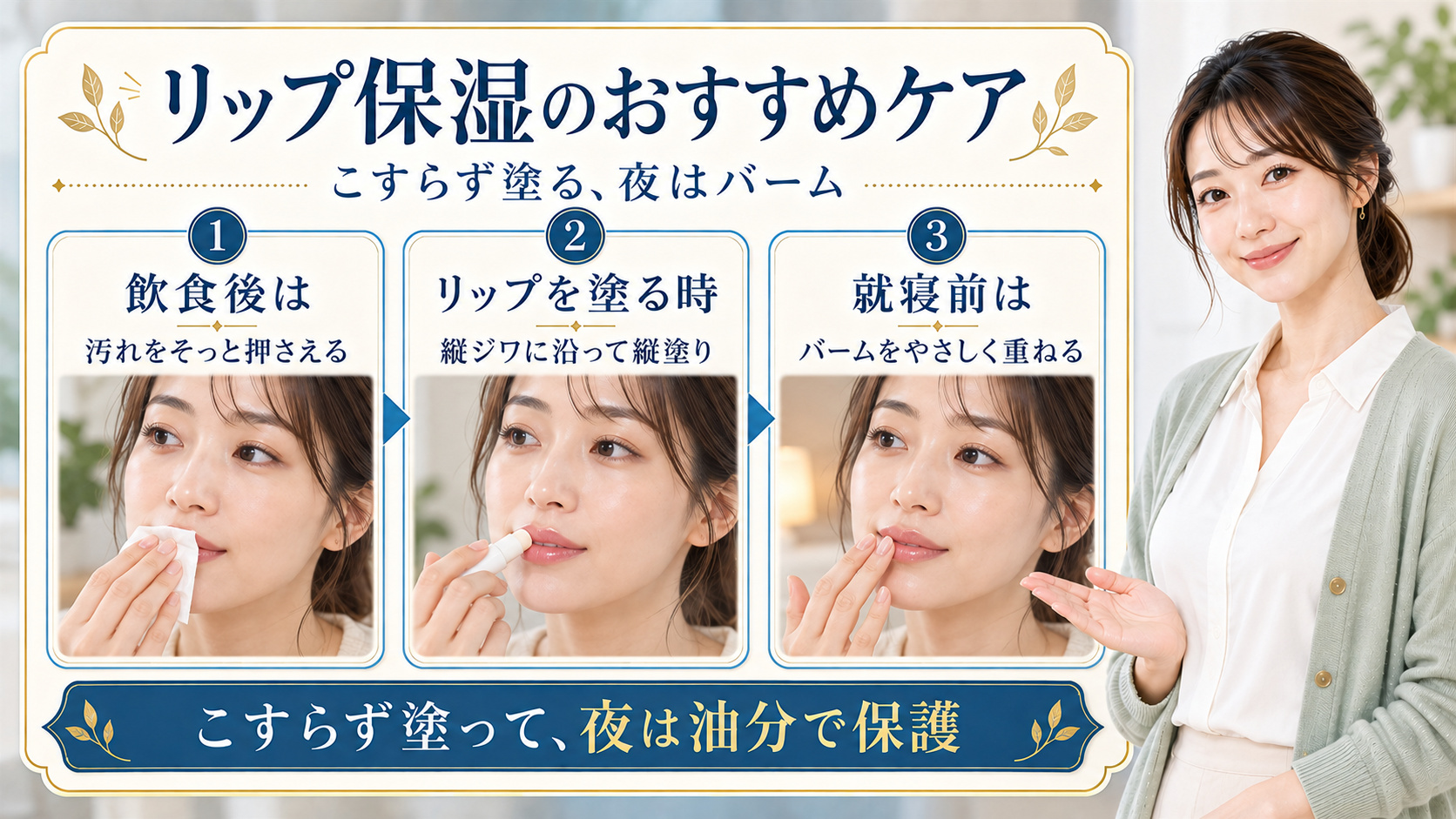 リップおすすめ保湿ケア!乾燥や皮むけを防ぐ高密着うるおい術の要点を3つの手順カードと美容アドバイザーで示した解説ボード