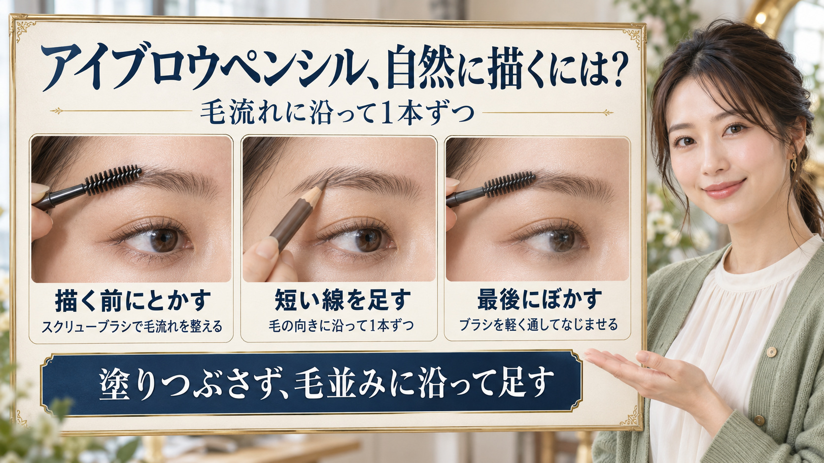アイブロウおすすめペンシル！失敗しない自然な美眉の描き方の要点を3つの手順カードと美容アドバイザーで示した解説ボード