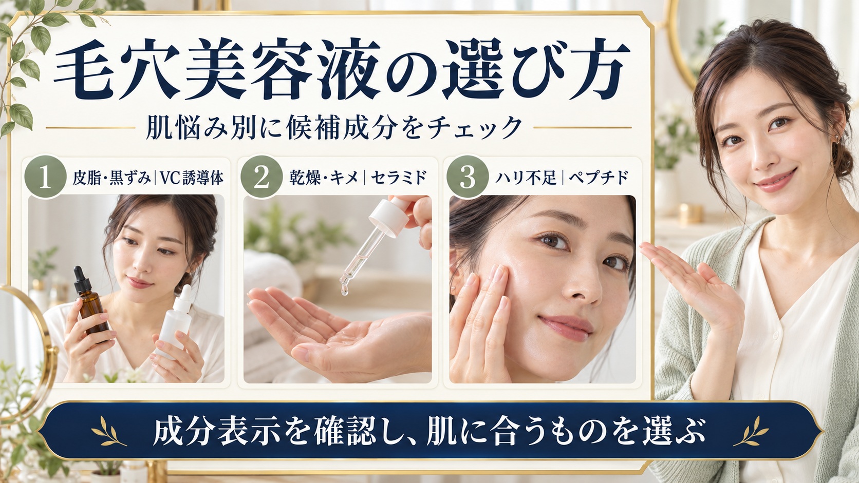 毛穴に聞く美容液！開きや黒ずみを整える集中ケア成分の選び方の要点を3つの手順カードと美容アドバイザーで示した解説ボード
