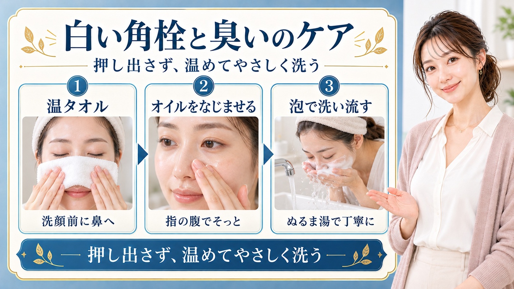 毛穴白いニョロニョロ臭い!角栓の正体と無理なく落とす洗浄術の要点を3つの手順カードと美容アドバイザーで示した解説ボード