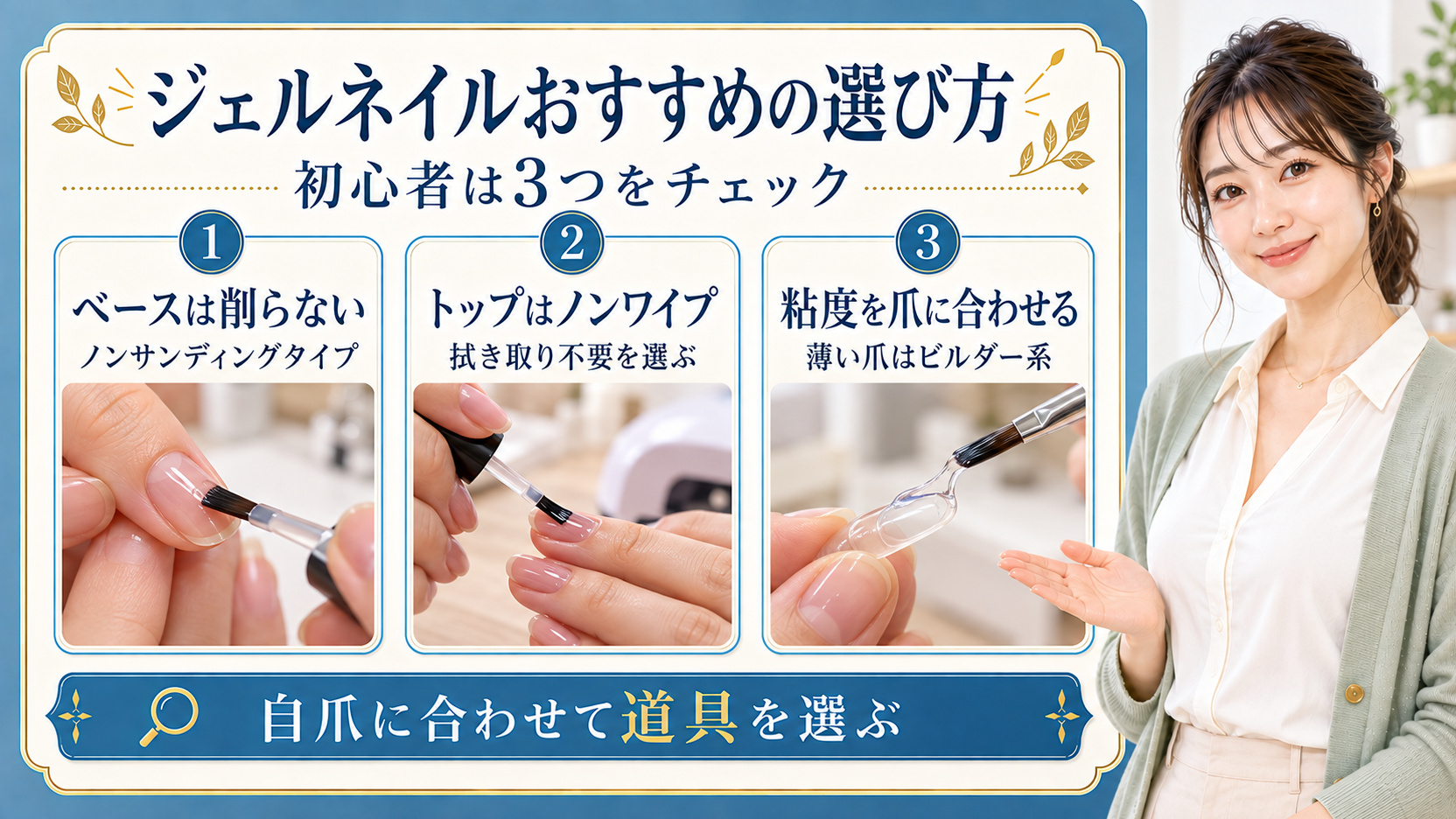 ジェルおすすめネイル！初心者でも浮かない長持ちツヤ美爪術の要点を3つの手順カードと美容アドバイザーで示した解説ボード