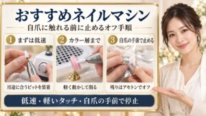おすすめネイルマシン！自爪を削らず安全にオフするビット選びの要点を3つの手順カードと美容アドバイザーで示した解説ボード