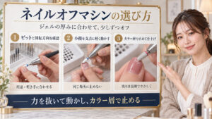 ネイルオフマシンおすすめ！自爪を守り時短で落とす名機選びの要点を3つの手順カードと美容アドバイザーで示した解説ボード