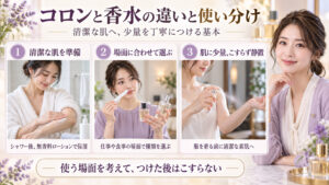 コロンと香水の違い！濃度と持続時間から見極める大人の香り術の要点を3つの手順カードと美容アドバイザーで示した解説ボード