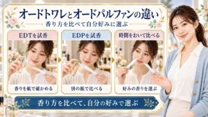 オードトワレとオードパルファンの違い！持続性と香りの選び方の要点を3つの手順カードと美容アドバイザーで示した解説ボード
