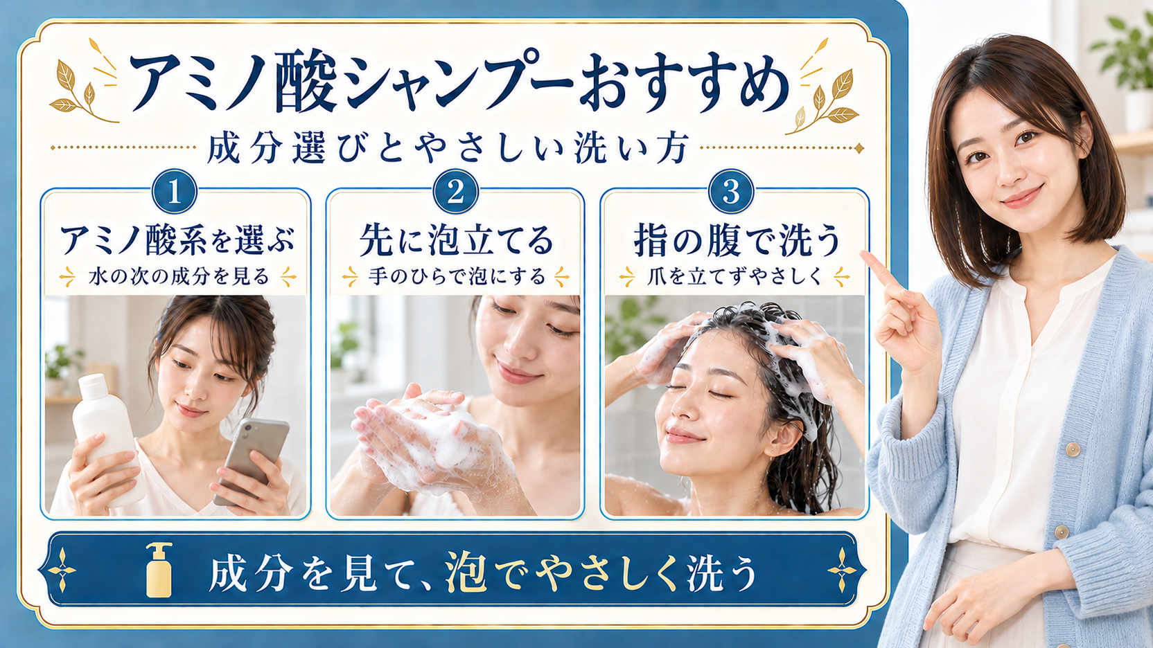 アミノ酸シャンプーおすすめ！頭皮を守り美髪を育む洗浄成分選びの要点を3つの手順カードと美容アドバイザーで示した解説ボード