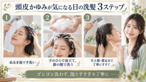 頭皮かゆみシャンプー女性おすすめ！乾燥とフケを防ぐ低刺激ケアの要点を3つの手順カードと美容アドバイザーで示した解説ボード