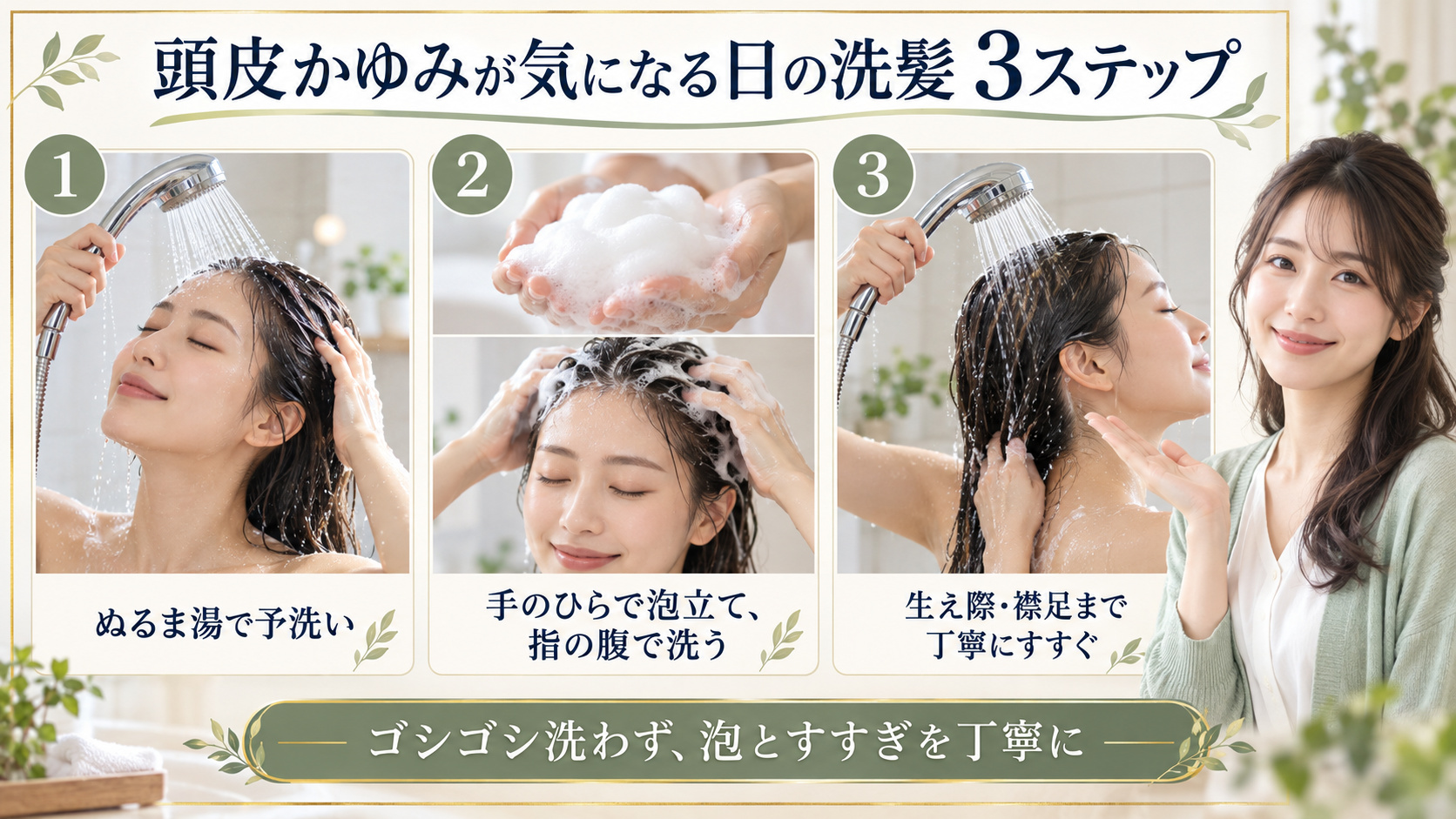 頭皮かゆみシャンプー女性おすすめ！乾燥とフケを防ぐ低刺激ケアの要点を3つの手順カードと美容アドバイザーで示した解説ボード