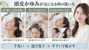 頭皮かゆみシャンプードラッグストア！市販で買える薬用名品選びの要点を3つの手順カードと美容アドバイザーで示した解説ボード
