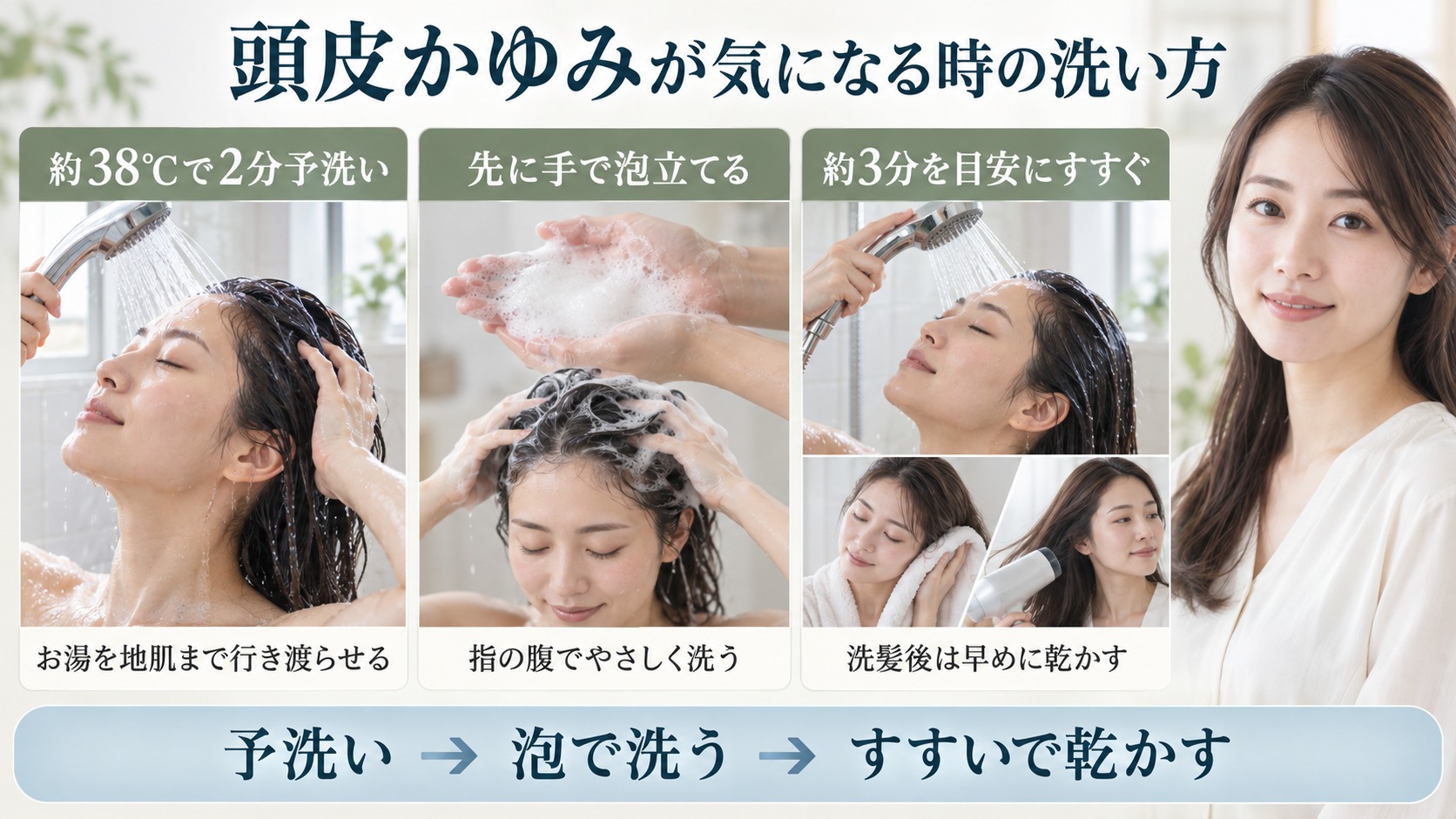 頭皮かゆみシャンプードラッグストア！市販で買える薬用名品選びの要点を3つの手順カードと美容アドバイザーで示した解説ボード