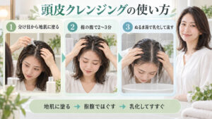 頭皮クレンジングおすすめ！毛穴の皮脂と臭いを落とすスカルプ術の要点を3つの手順カードと美容アドバイザーで示した解説ボード