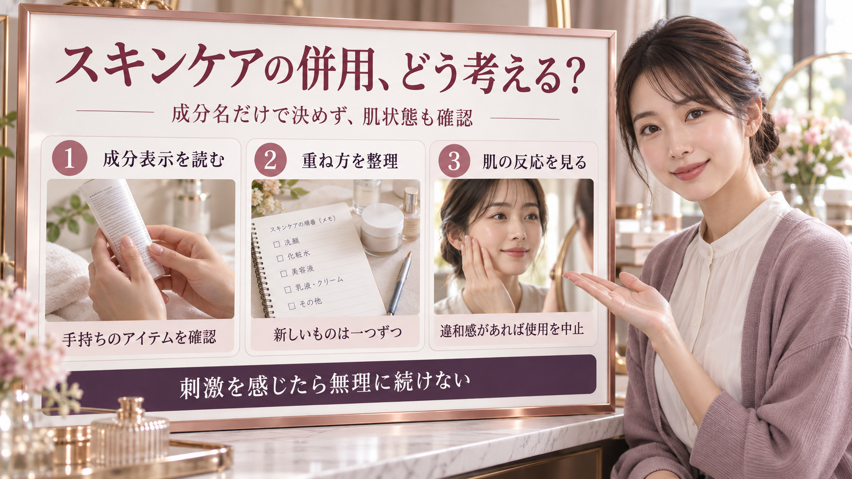 スキンケアを併用するときの確認点として、成分表示、使う品を一つずつ増やすこと、違和感があれば使用を中止することを示すアイキャッチ。