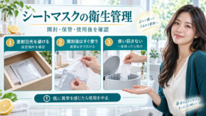 シートマスクの衛生管理として、直射日光を避けた保管、開封後の使用、再利用を避ける注意を示すアイキャッチ。