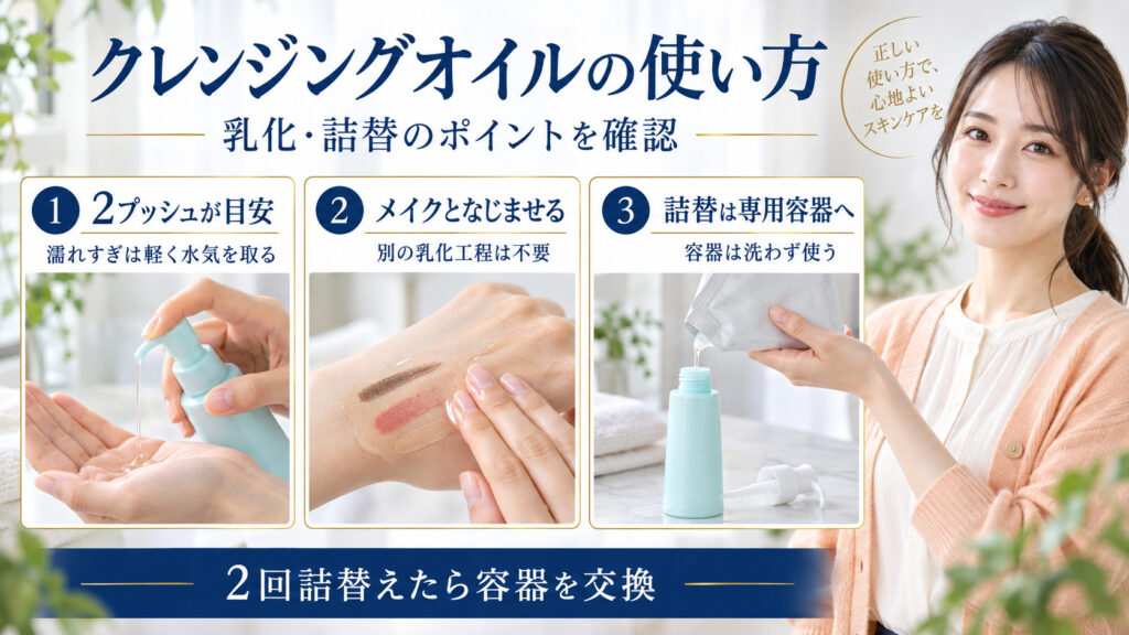 マイルドクレンジングオイルの使用量、濡れた手の扱い、乳化工程の要否、専用容器への詰替方法を示すアイキャッチ。