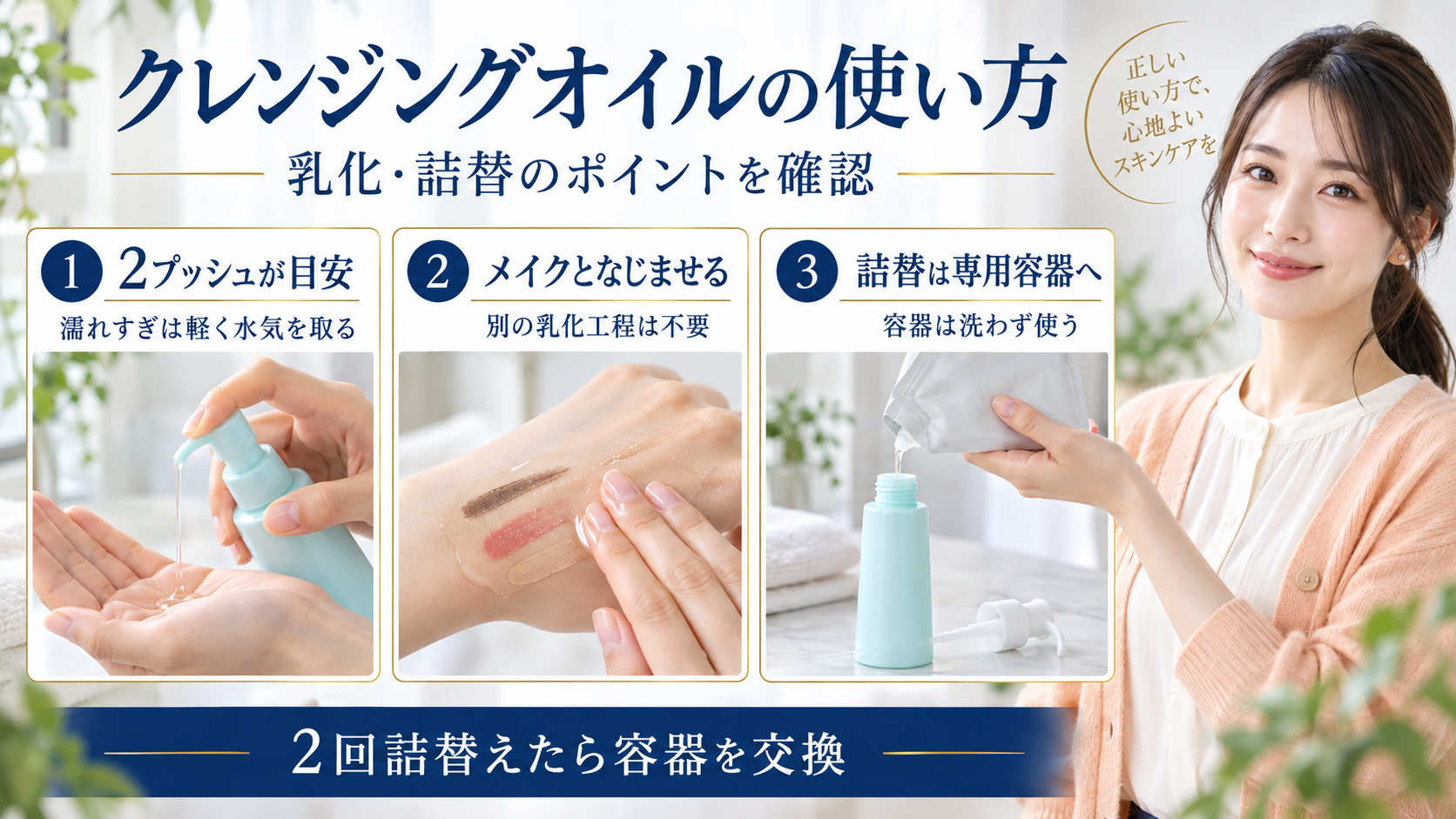 マイルドクレンジングオイルの使用量、濡れた手の扱い、乳化工程の要否、専用容器への詰替方法を示すアイキャッチ。