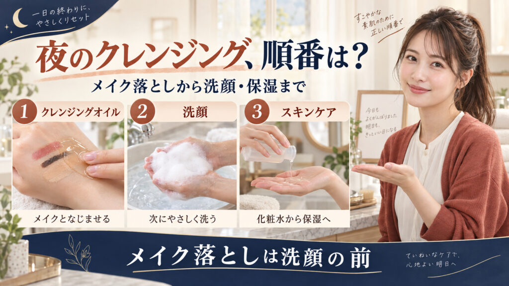 夜のスキンケアの順番として、クレンジングオイルでメイクとなじませた後に洗顔し、化粧水から保湿へ進む流れを示すアイキャッチ。