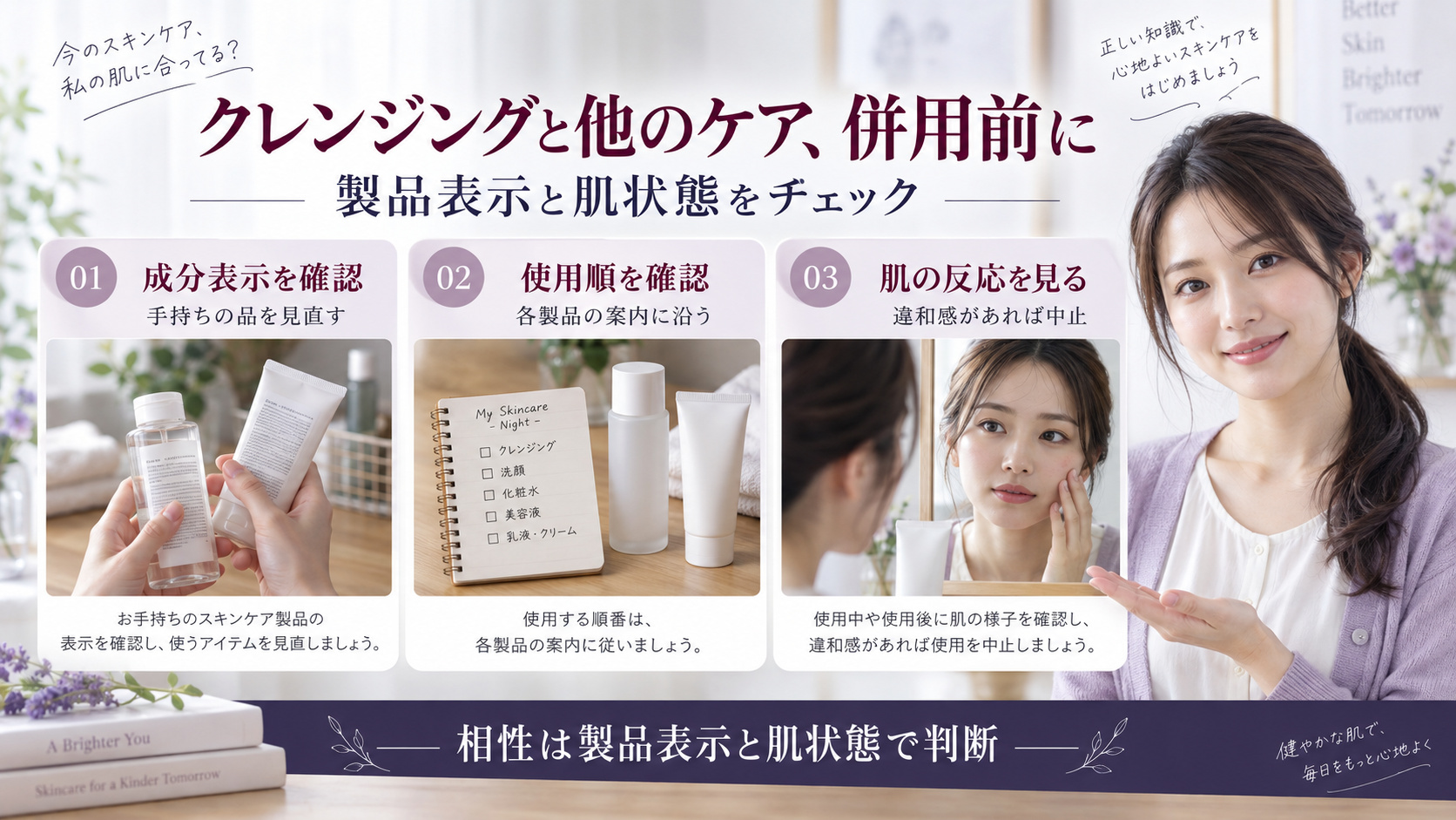クレンジングオイルと他のスキンケアを併用する前に、成分表示や使用順、肌の反応を確認するポイントを示すアイキャッチ。