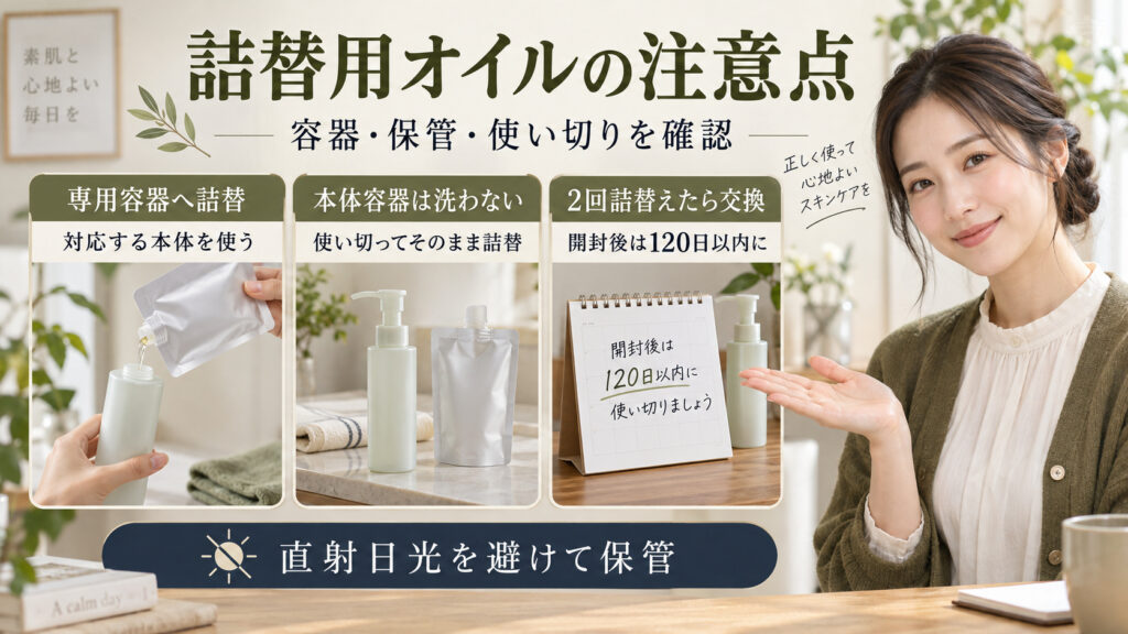 マイルドクレンジングオイルの詰替時は専用容器を洗わずに使い、2回詰替えた後に交換し、開封後は120日以内に使い切る注意点を示すアイキャッチ。