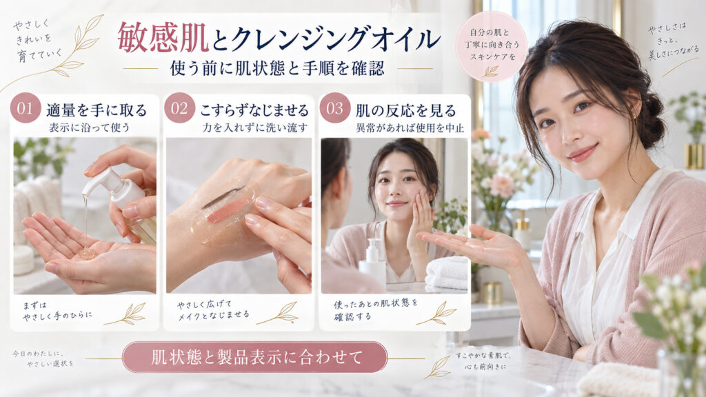敏感肌でクレンジングオイルを使う際に、適量や製品表示を確認し、こすらずなじませ、異常があれば使用を中止する手順を示すアイキャッチ。