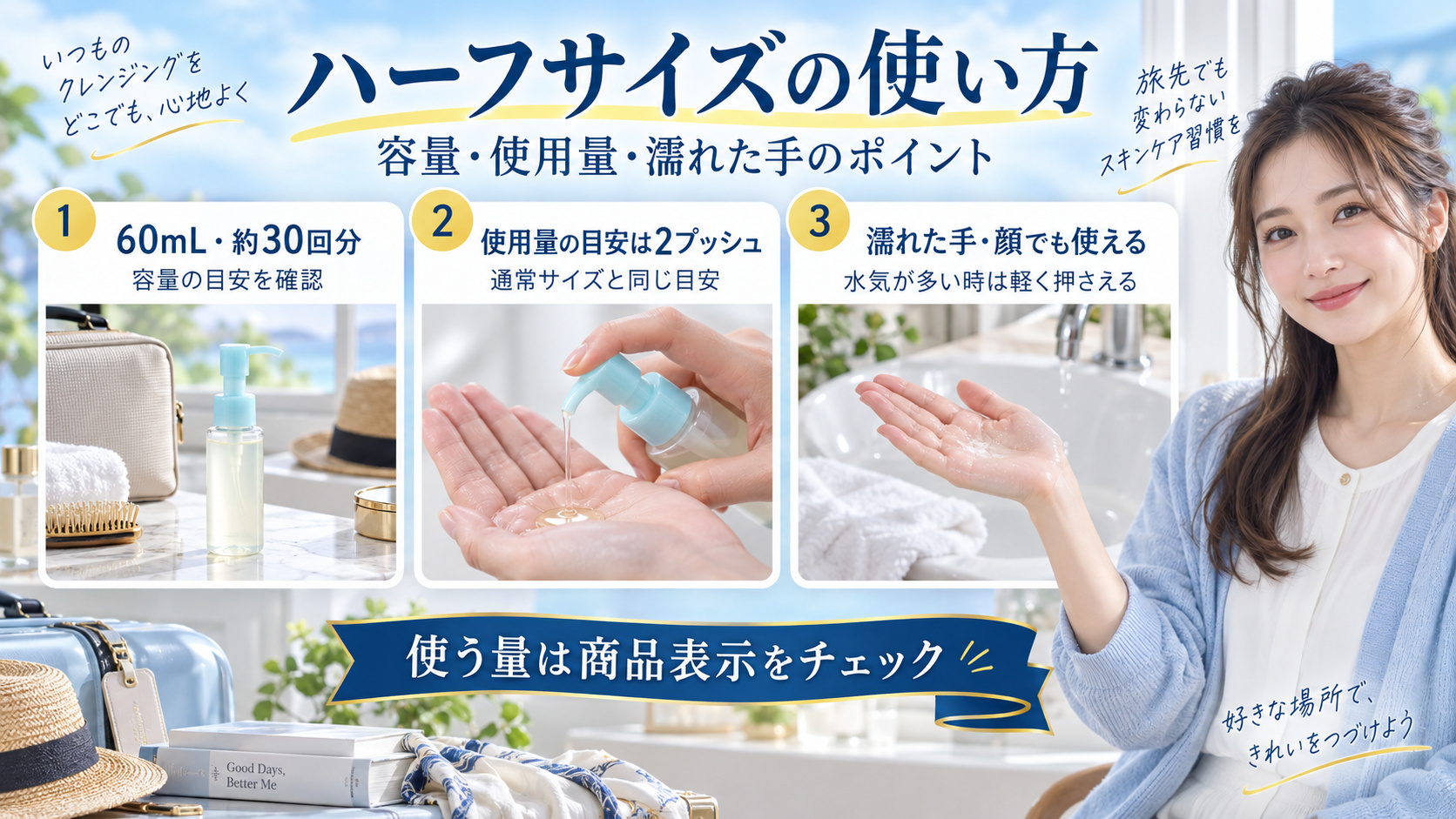 マイルドクレンジングオイルのハーフサイズについて、60mLの容量、2プッシュの使用量の目安、濡れた手で使う場合のポイントを示すアイキャッチ。