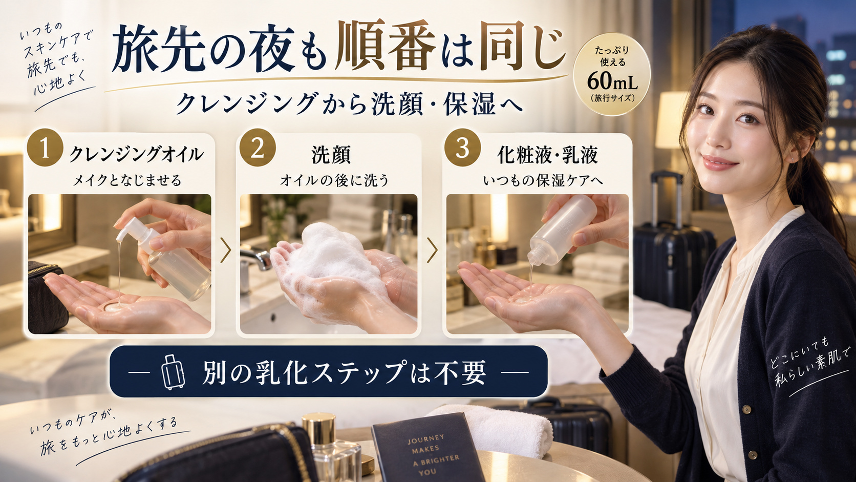 旅先の夜のスキンケアの順番として、クレンジングオイル、洗顔、化粧液や乳液での保湿を示すアイキャッチ。