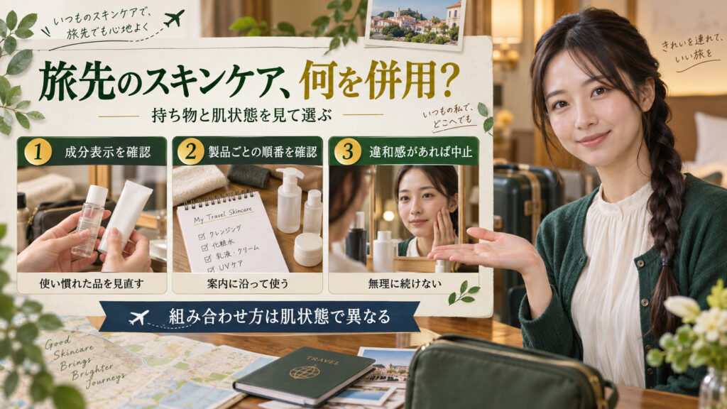 旅先でクレンジングオイルと他のスキンケアを併用する際に、成分表示や使用順、肌の反応を確認するポイントを示すアイキャッチ。