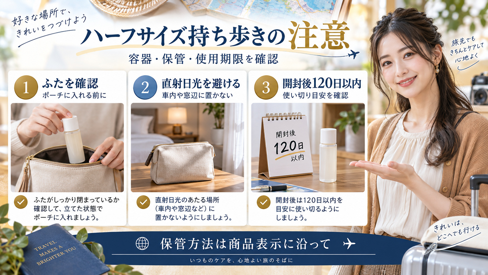 クレンジングオイルのハーフサイズを持ち歩く際に、容器のふた、直射日光を避けた保管、開封後120日以内の使用目安を確認するアイキャッチ。