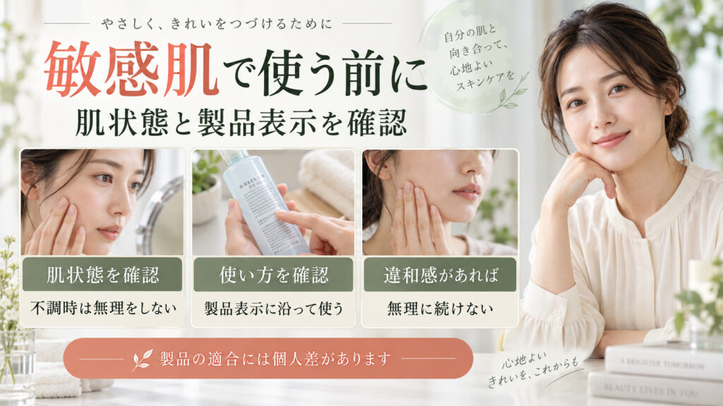 敏感肌でクレンジングオイルを使う前に肌状態と製品表示を確認し、違和感があれば無理に続けないポイントを示すアイキャッチ。