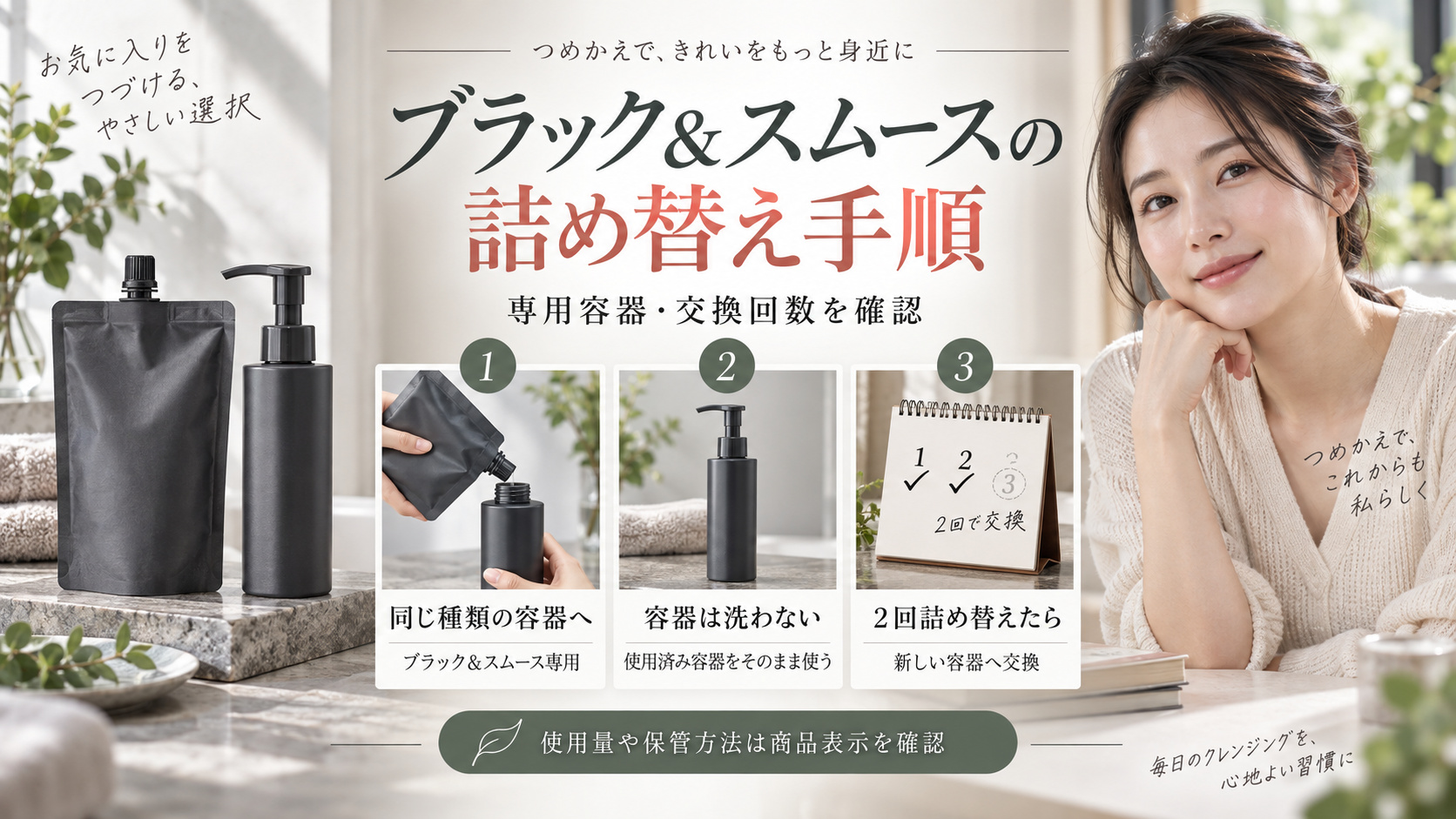 ブラック&スムースの詰め替えは同種の使用済み容器を洗わず使い、2回後は新しい容器へ交換する手順を示すアイキャッチ。