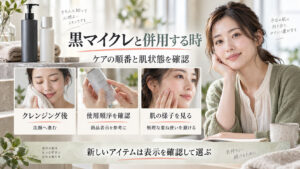 黒マイクレと他のスキンケアを併用する際に、クレンジング後の順番、商品表示、肌の様子を確認するアイキャッチ。