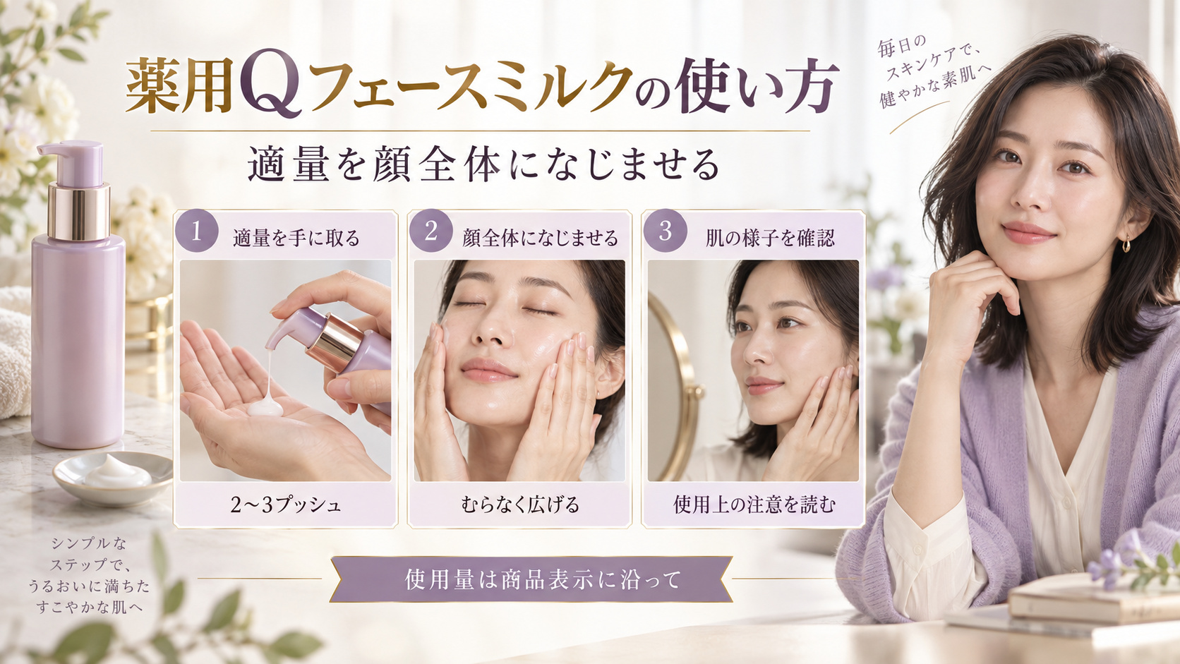 DHC薬用Qフェースミルクの目安量2〜3プッシュを顔全体になじませ、使用上の注意を確認する使い方アイキャッチ。