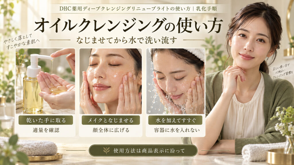 クレンジングオイルは乾いた手に取りメイクとなじませ、水かぬるま湯ですすぎ、容器への水混入に注意する手順のアイキャッチ。