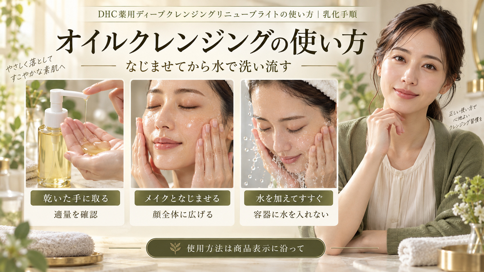 クレンジングオイルは乾いた手に取りメイクとなじませ、水かぬるま湯ですすぎ、容器への水混入に注意する手順のアイキャッチ。