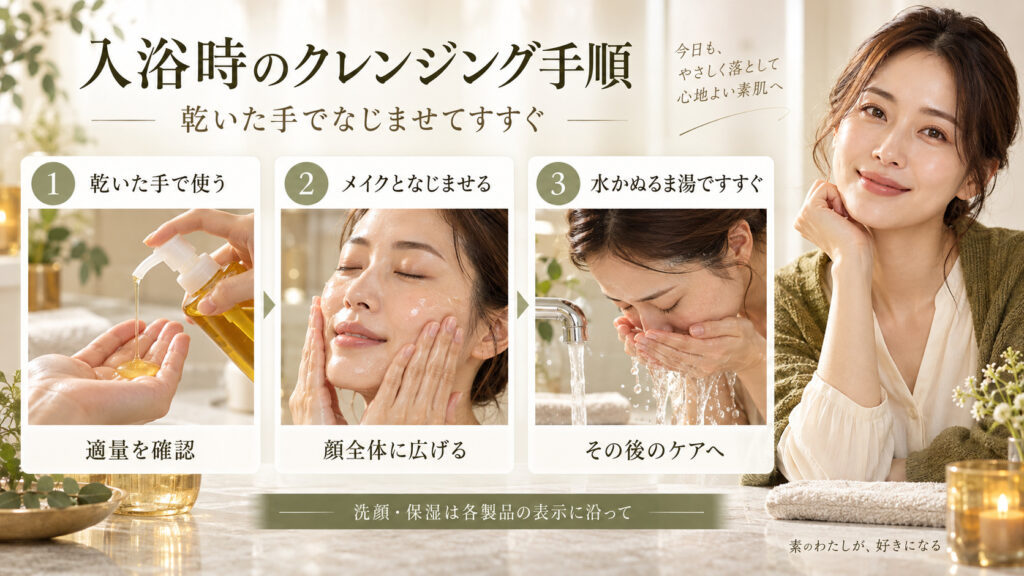 入浴時のクレンジングは乾いた手でメイクとなじませて水かぬるま湯ですすぎ、その後のケアは各製品表示を確認する手順のアイキャッチ。