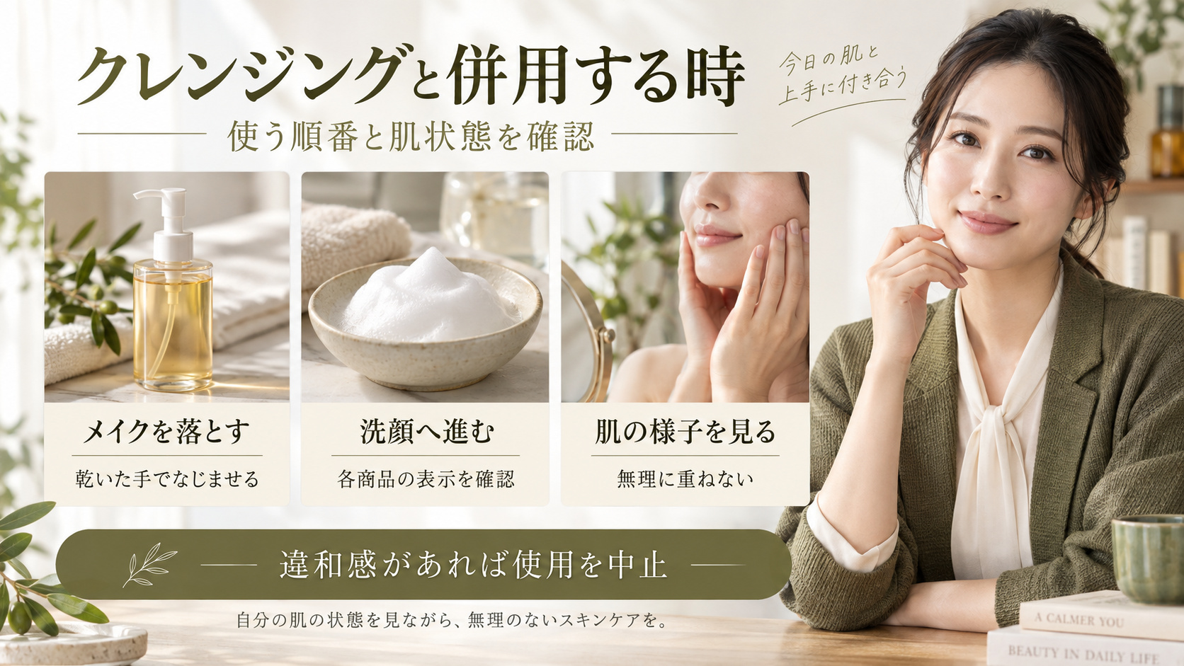 リニューブライトを乾いた手で使い、洗顔など各アイテムの表示と肌状態を確認して併用するポイントのアイキャッチ。