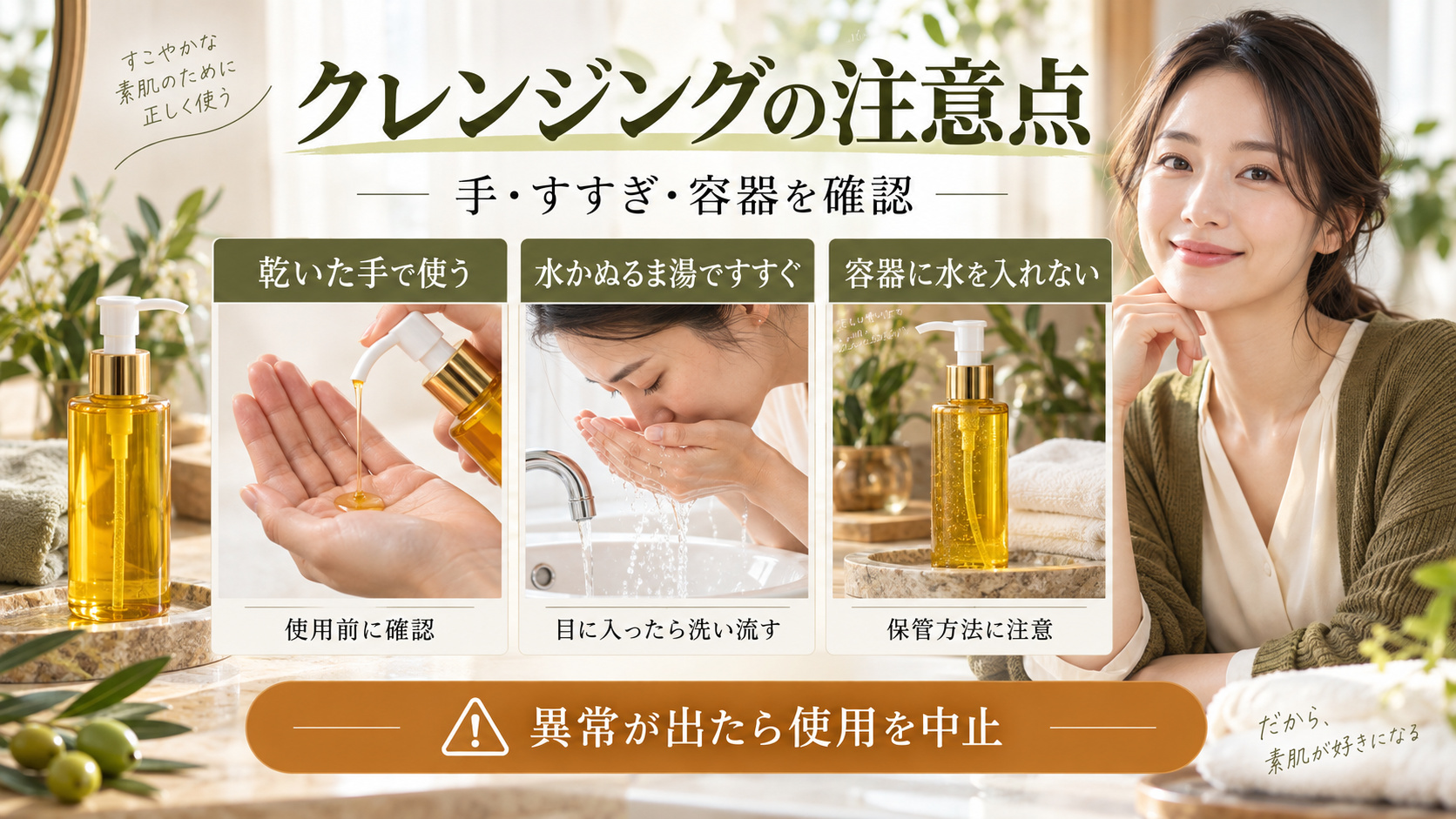 リニューブライトは乾いた手で使い、水かぬるま湯ですすぎ、容器に水を入れない注意と異常時の中止を示すアイキャッチ。