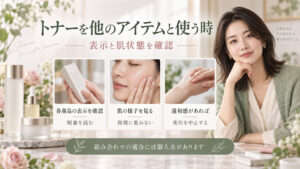 aaddのミキシングトナーを他の化粧品と併用する際、製品表示や肌状態を確かめ、違和感があれば中止する案内のアイキャッチ。