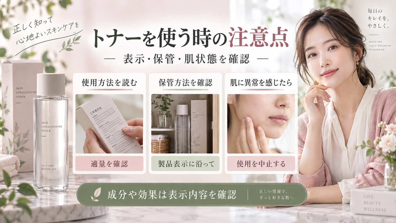 aaddのミキシングトナーを使う前に適量や保管方法を表示で確認し、肌に異常を感じたら中止する注意のアイキャッチ。